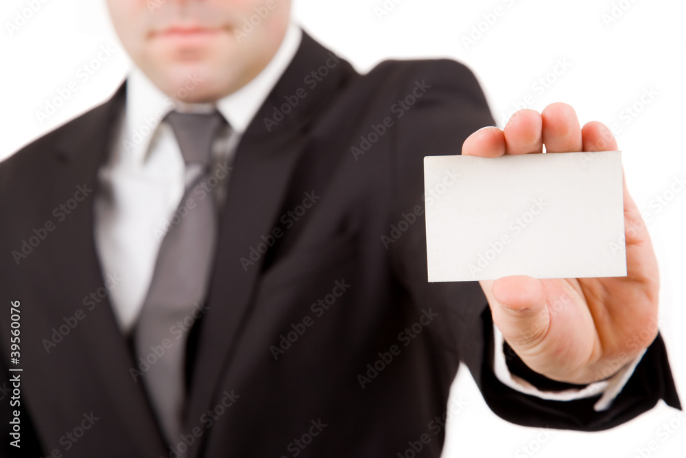 Business man offering card, isolated over white background Business man offering card, isolated over white background