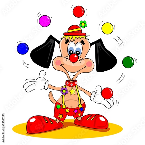 A cartoon dog as dressed as a clown juggling balls