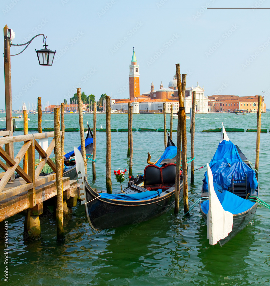 Gondolas in Venice .