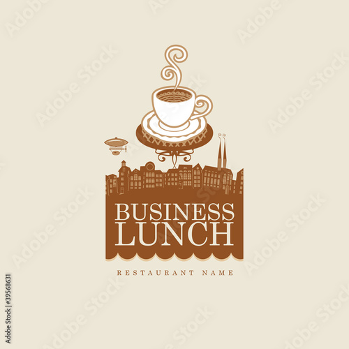 banner with cup of coffee on background of old town