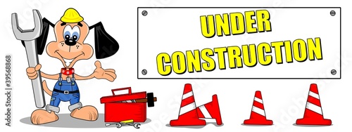 Cartoon dog and tools with under construction sign billboard
