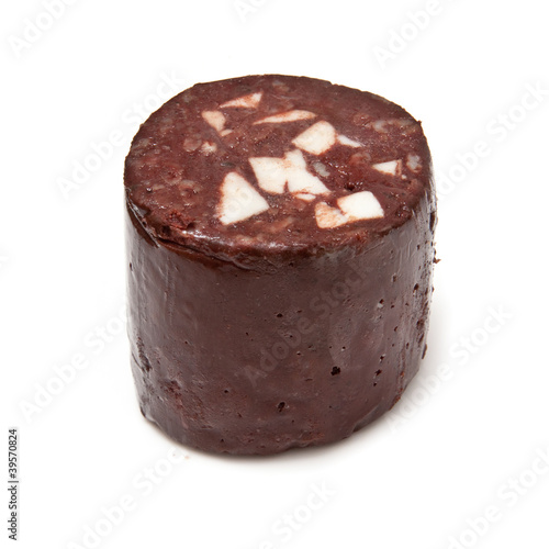 Black pudding or blood sausage on a white background.