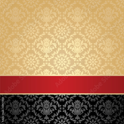 Seamless pattern, floral decorative background, red ribbon