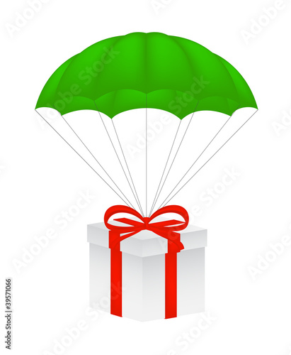 Gift box with red bow flying on green parachute