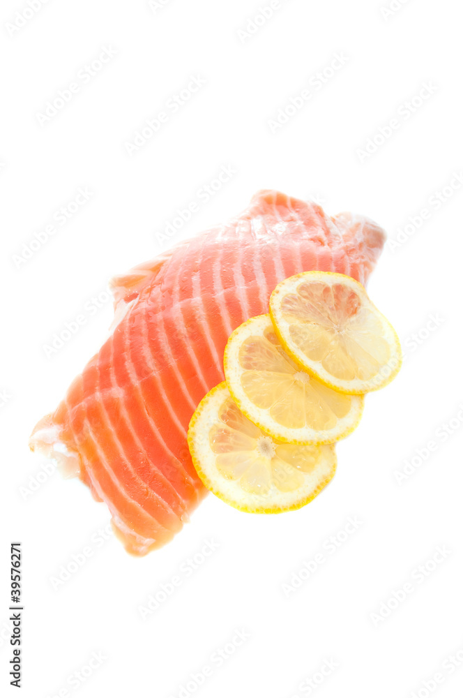 Redfish (Salmon) with Lemon Slices Isolated on White Background