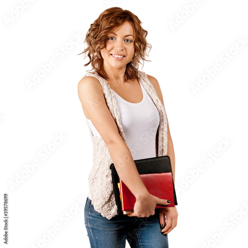 Happy young student girl holding books, study, education, knowle photo