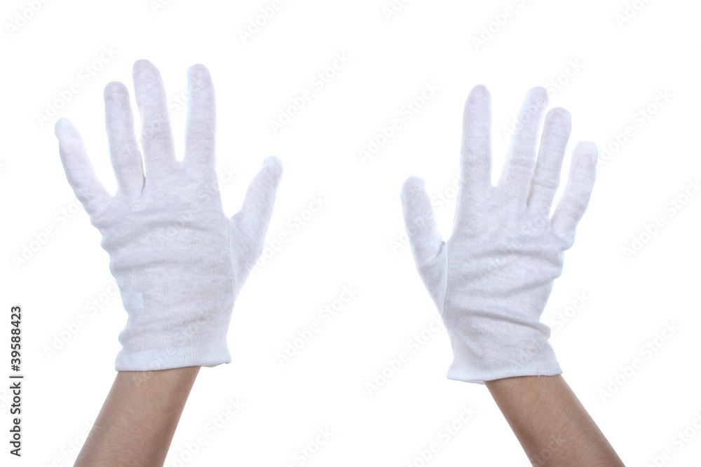 Obraz premium cloth glove on hands isolated on white.