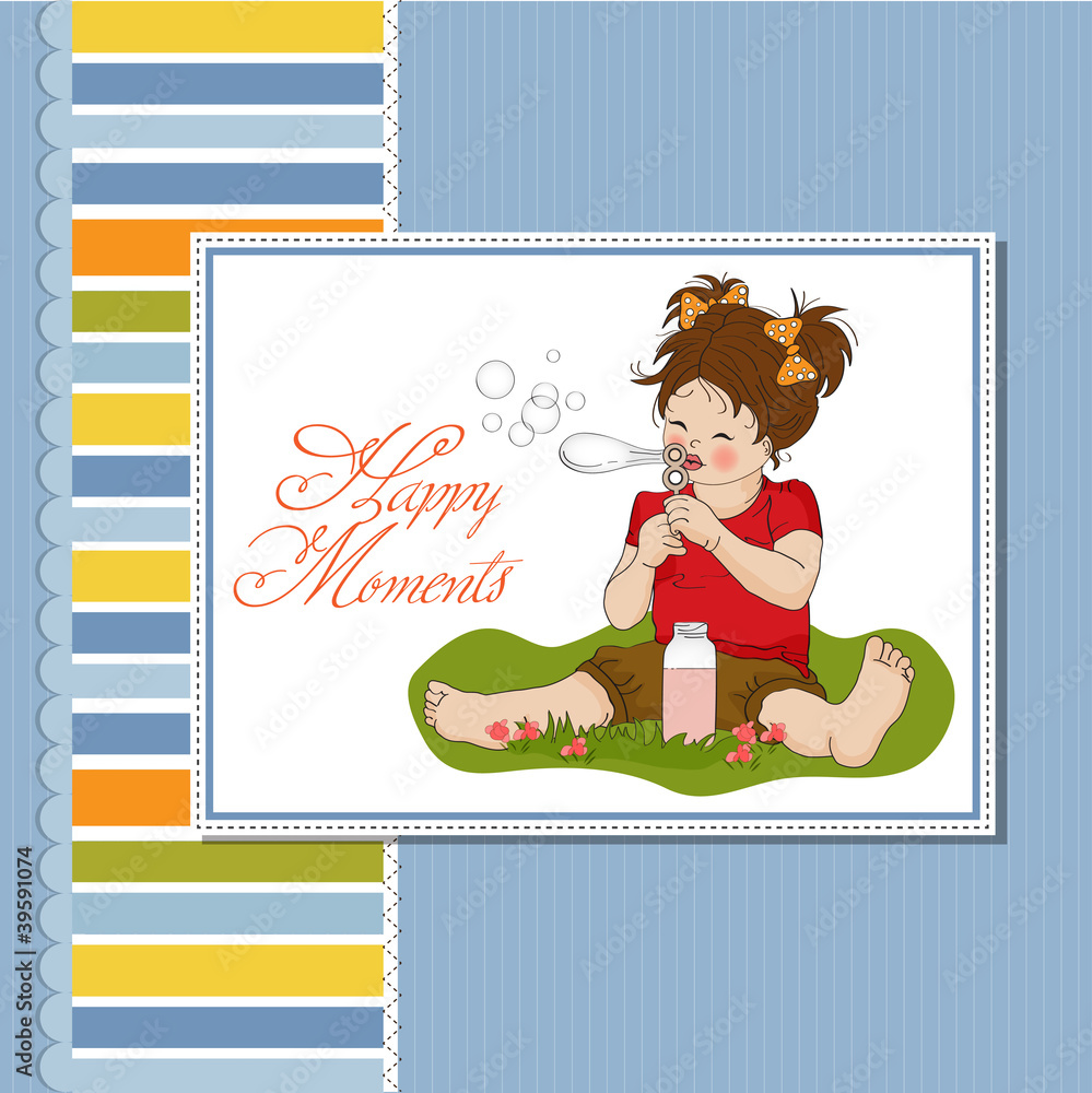 Fototapeta premium funny lovely little girl blowing soap bubbles