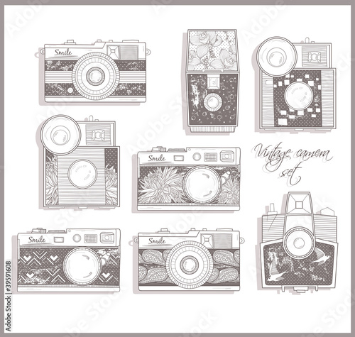 Retro photo cameras set. Vector illustration. Vintage cameras wi