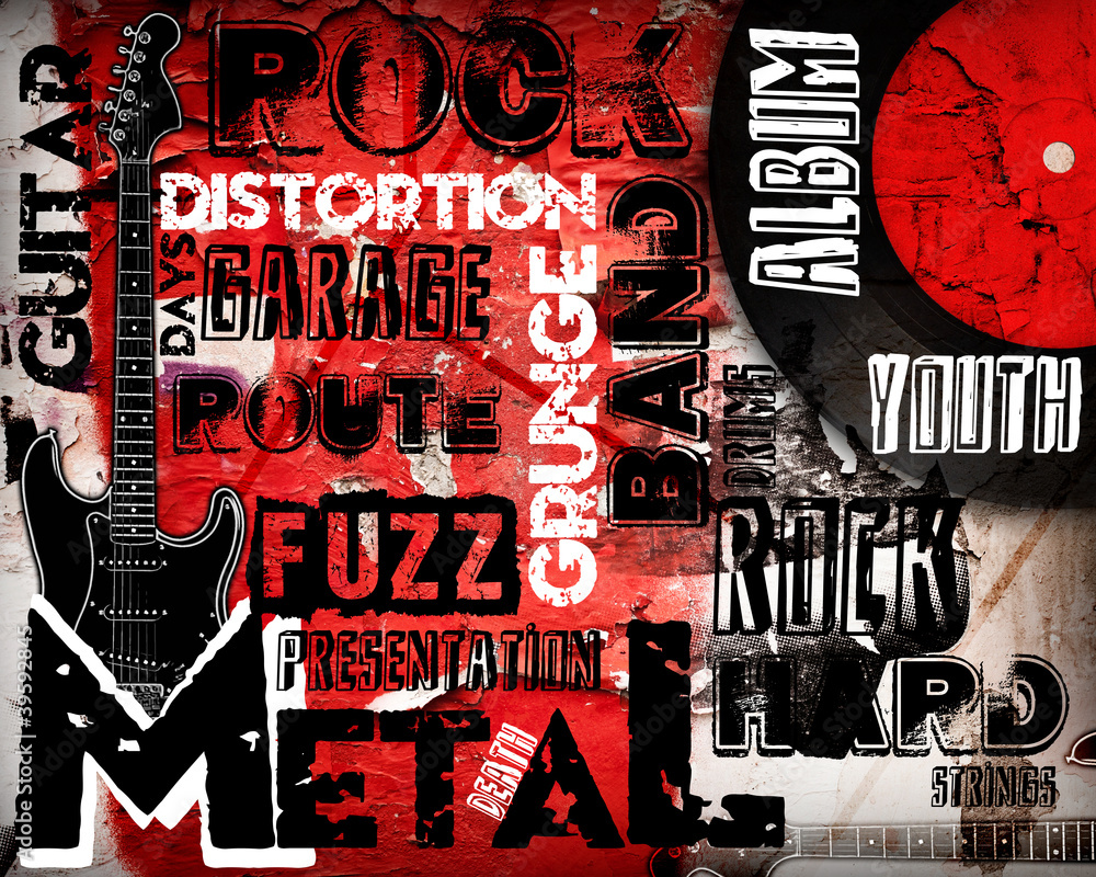 Plakat Plakat muzyki rockowej na czerwonej ścianie
