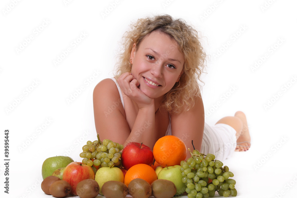 portrait of a smiling woman with fruits portrait of a smiling woman with fruits