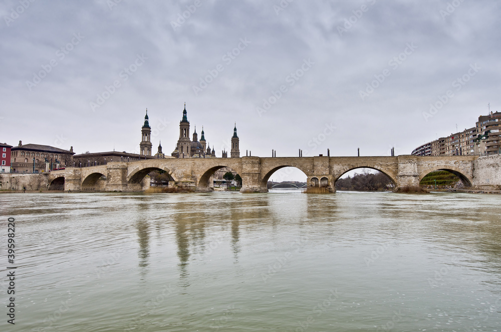 Stone Bridge across the Ebro River at Zaragoza, Spain