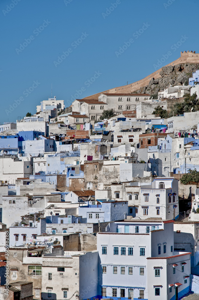 Chefchaouen blue town general view at Morocco