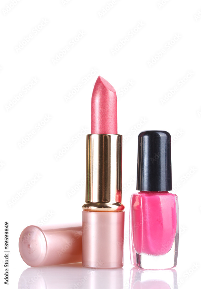 Pink lipstick and nail polish isolated on white Pink lipstick and nail polish isolated on white