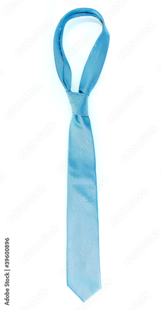Blue tie on wooden hanger isolated on white Blue tie on wooden hanger isolated on white