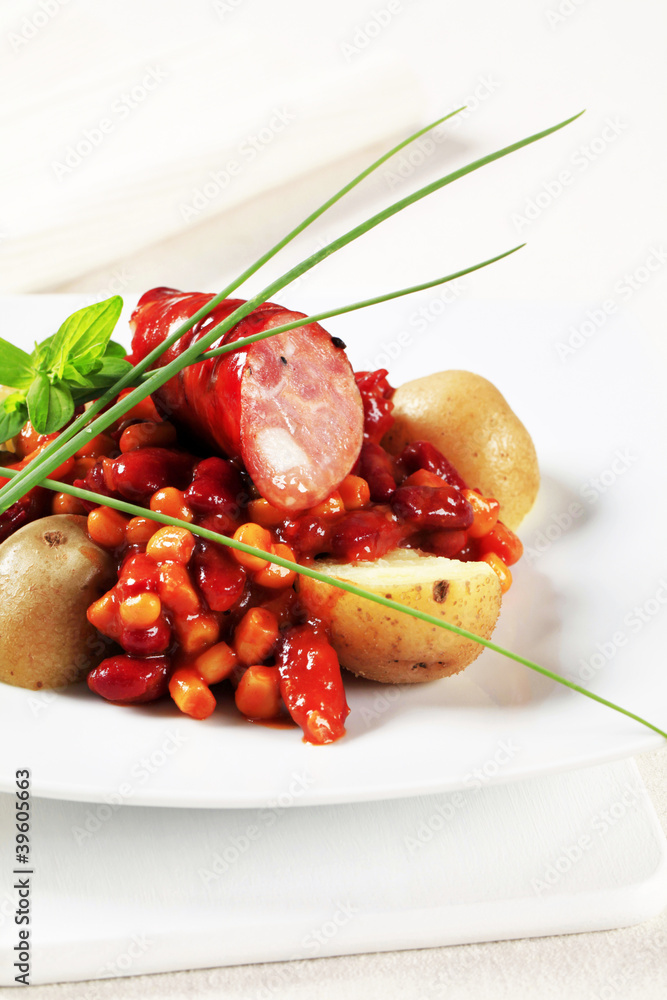 Bean and corn chili with sausage and potatoes Bean and corn chili with sausage and potatoes