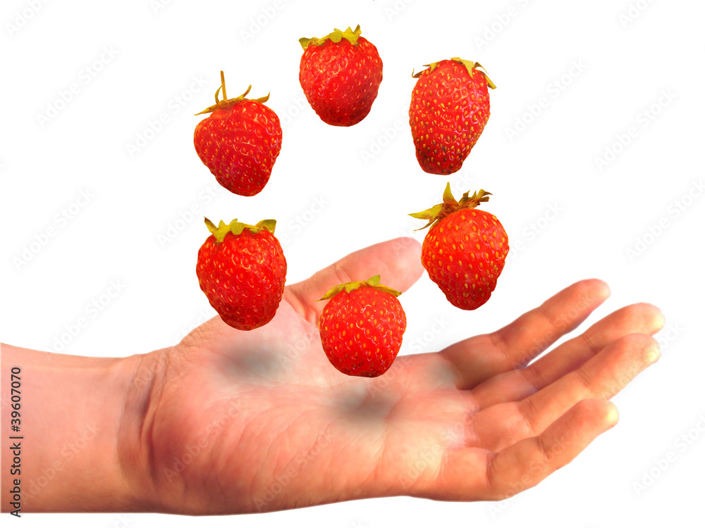 Obraz premium Six berries over a palm on a white background