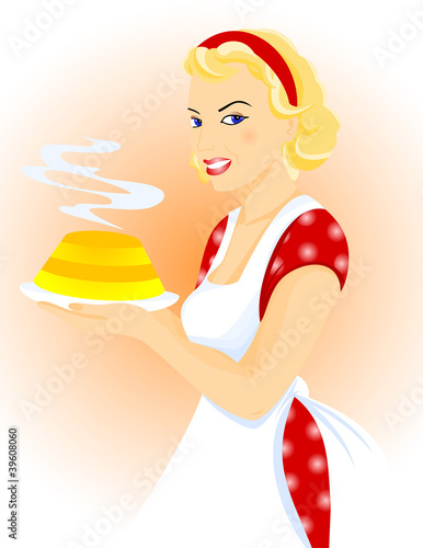 Illustration of beautiful woman posing with cake