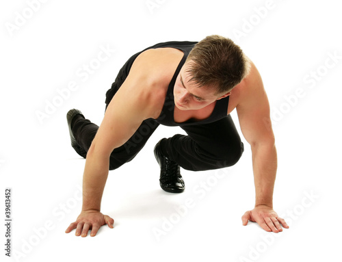 Healthy young man at start line ready for run race