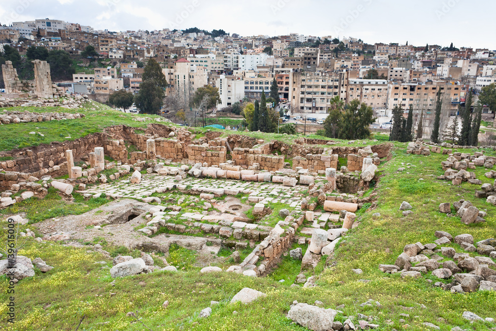 panorama of ancient city Gerasa and modern Jerash