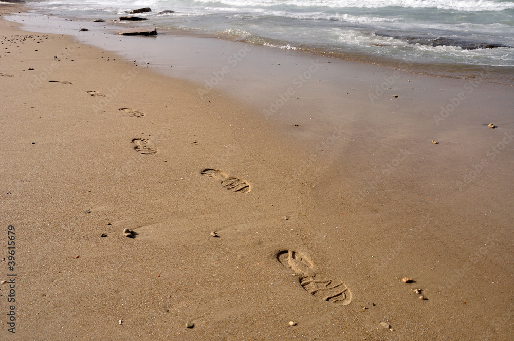 Footprints in the sand along the shore Footprints in the sand along the shore