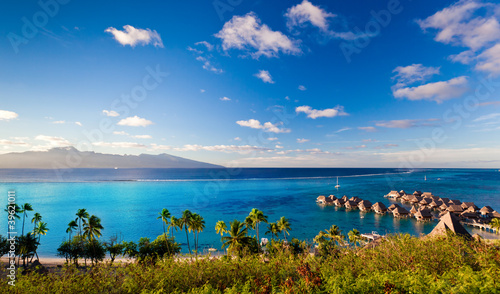 High angle shot over water bungalows at Moorea