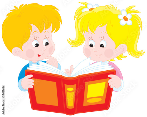 Girl and boy reading a book