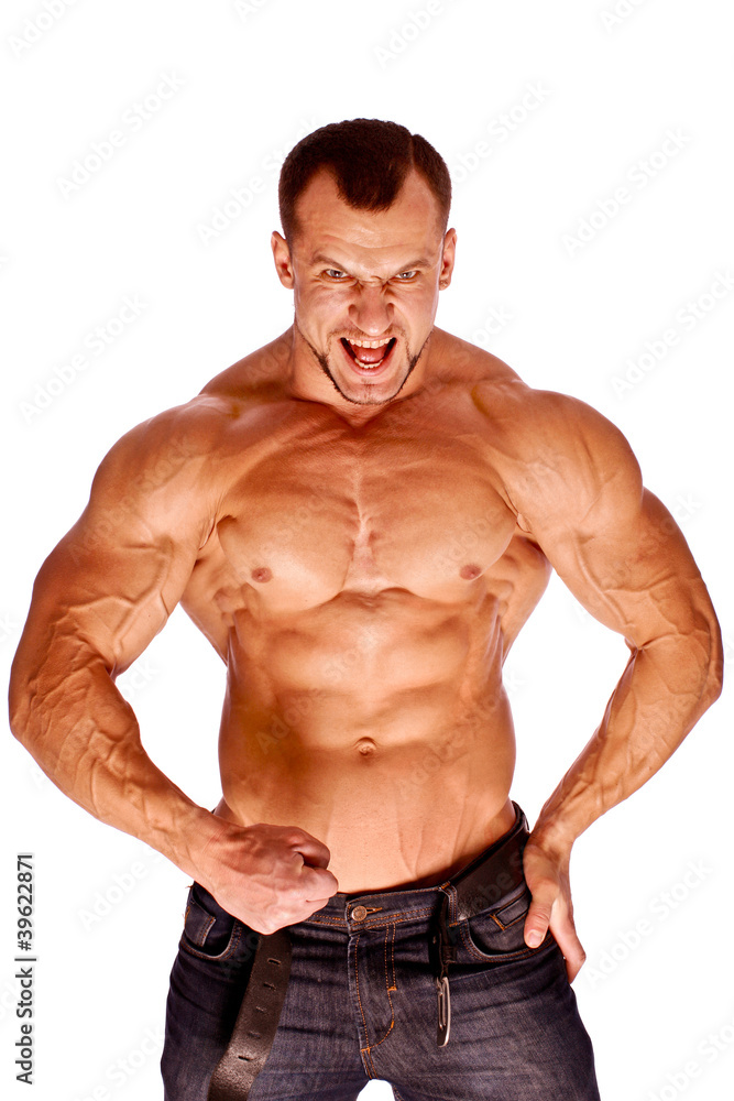Muscular male bodybuilder on white background Muscular male bodybuilder on white background