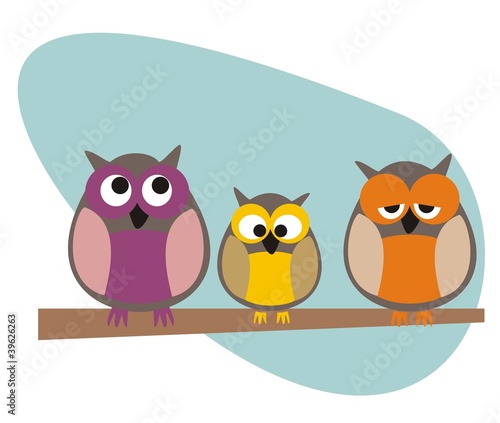 Funny vector owls family sitting on branch