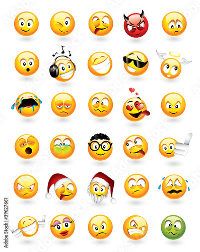 Large vector set of 30 emoticons with various facial expressions