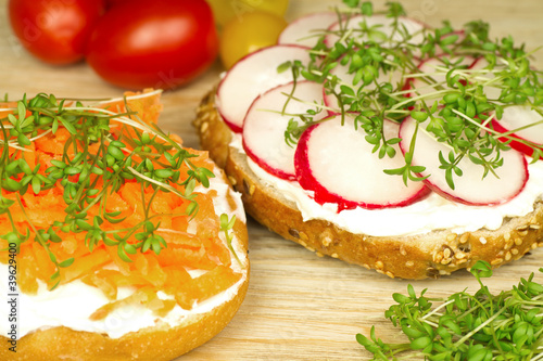 Simple vegetarian sandwiches with carrots and raddishes, fresh watercress