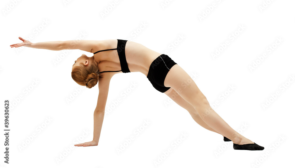 young woman training in black top on white young woman training in black top on white