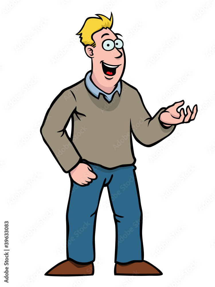 Man in casual clothing smiling and showing something Man in casual clothing smiling and showing something
