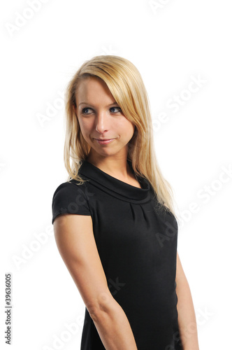 Young woman looks left
