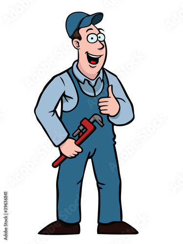 Plumber in overall holding a wrench and his thumbs up