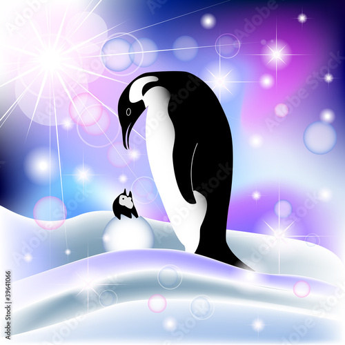 Parent and baby penguin in snowy background