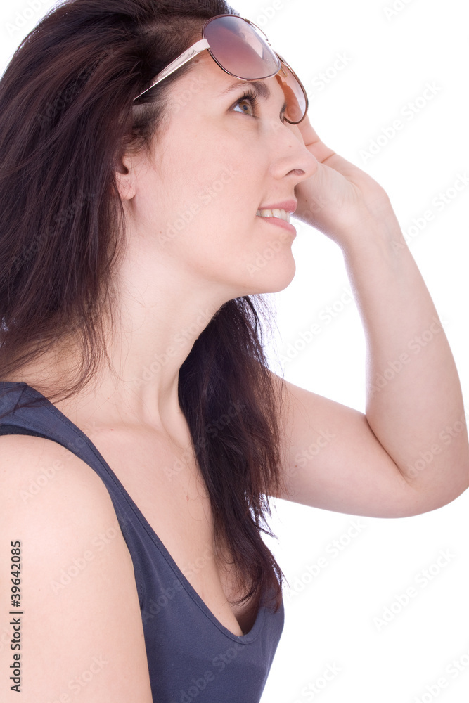 Portrait of lovely woman in shades over white Portrait of lovely woman in shades over white
