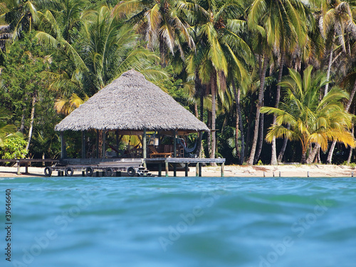 Tropical beach with a thatched hut over water and coconut trees, seen from water surface, Caribbean sea, Panama, Central America