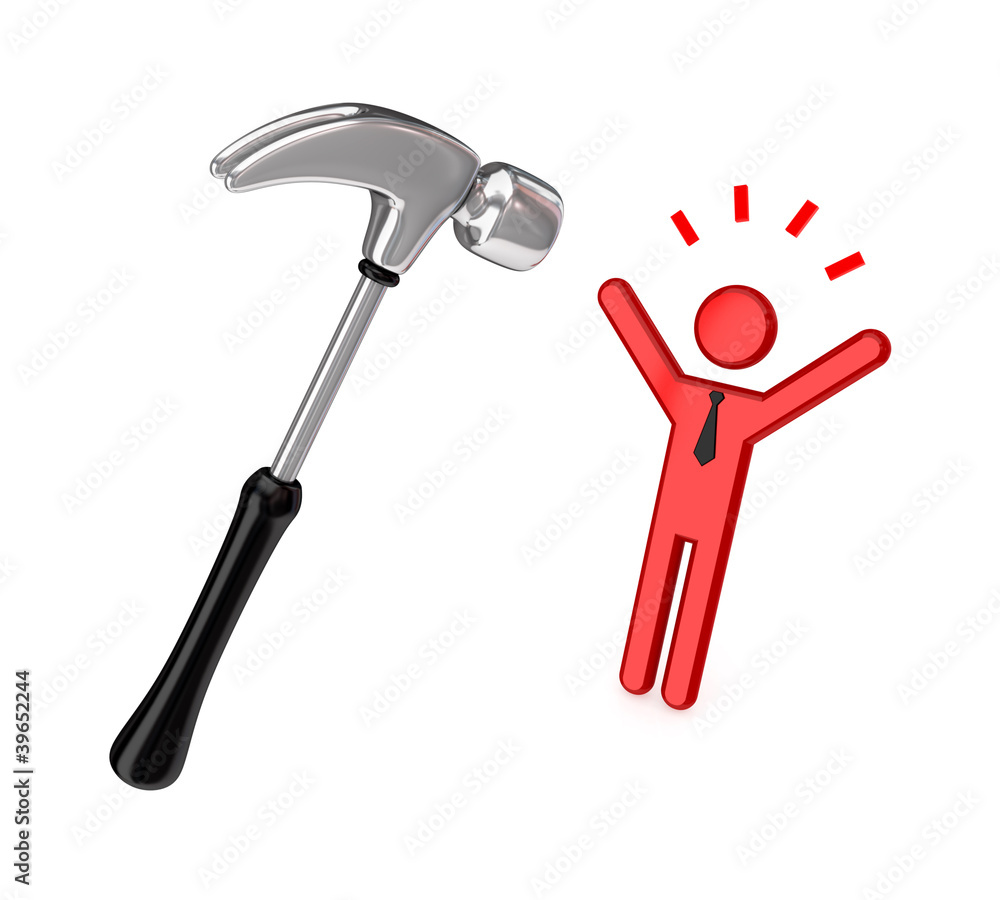 Big chromed hammer and stressed 3d small person. Big chromed hammer and stressed 3d small person.