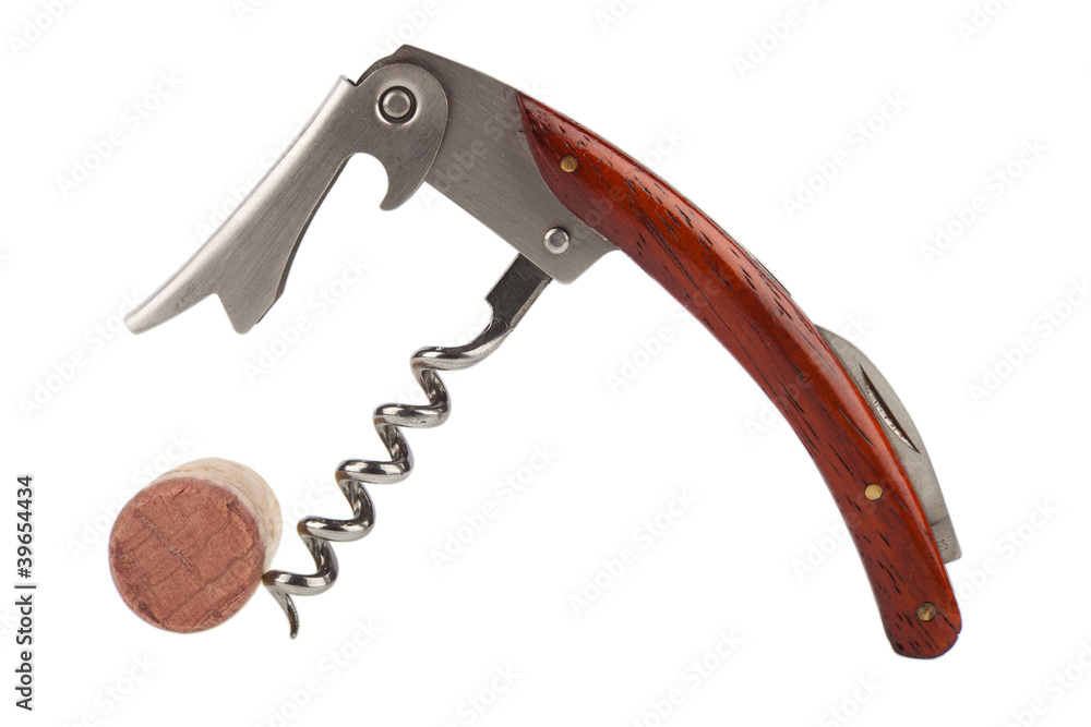 Corkscrew with cork on white background Corkscrew with cork on white background