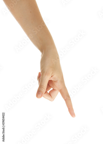 Hand pointing, pressing or touching isolated on white.