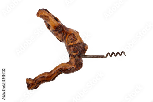 Corkscrew with root wood grip on white background