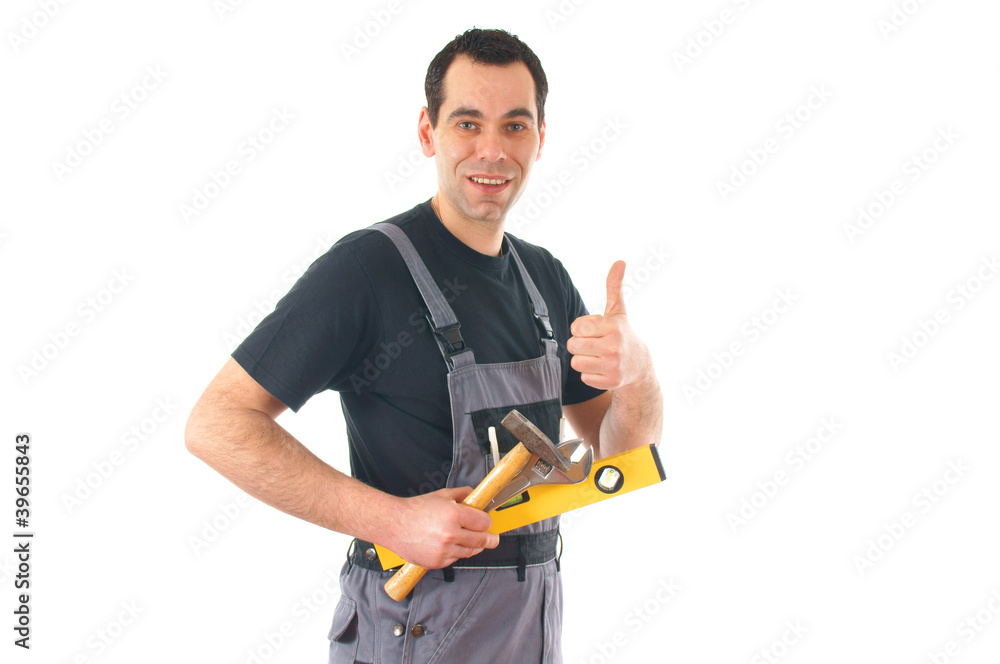 Handwerker mit Werkzeug und Daumen hoch Handwerker mit Werkzeug und Daumen hoch