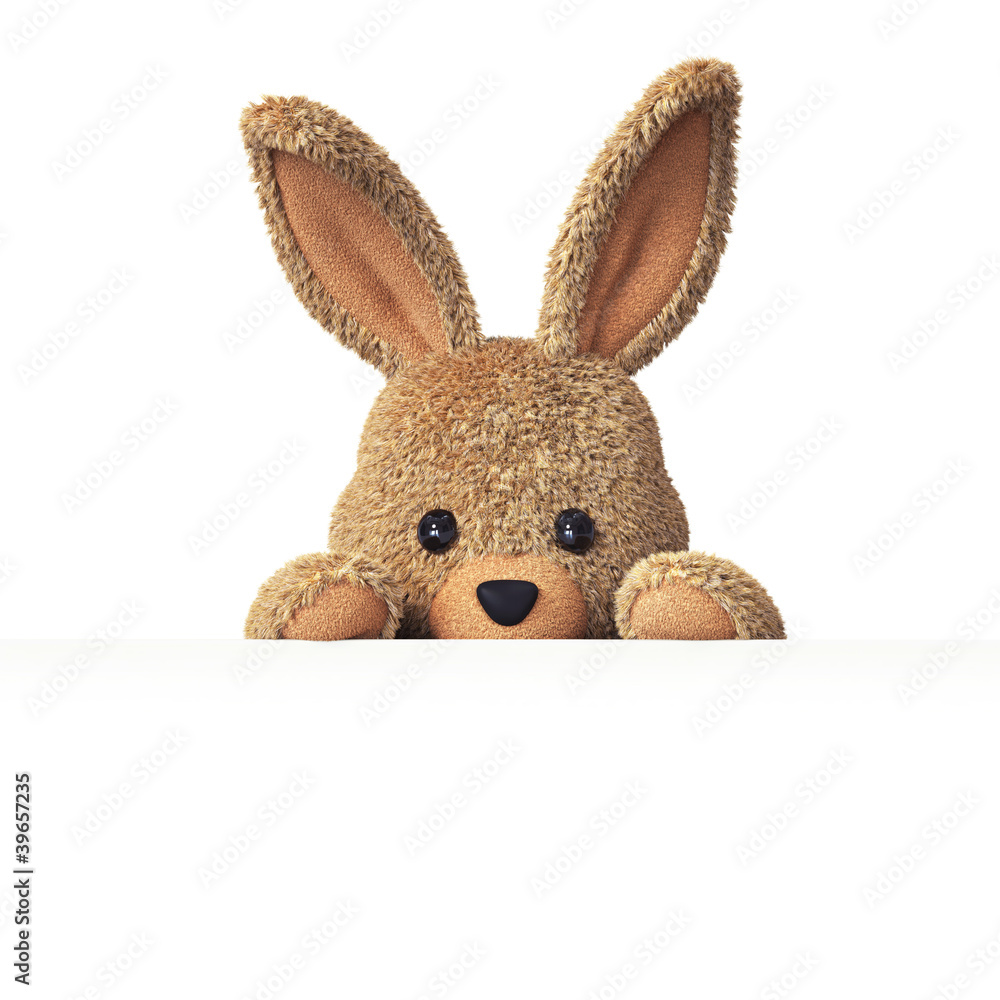 Obraz premium Stuffed bunny peeking behind blank board - horizontal