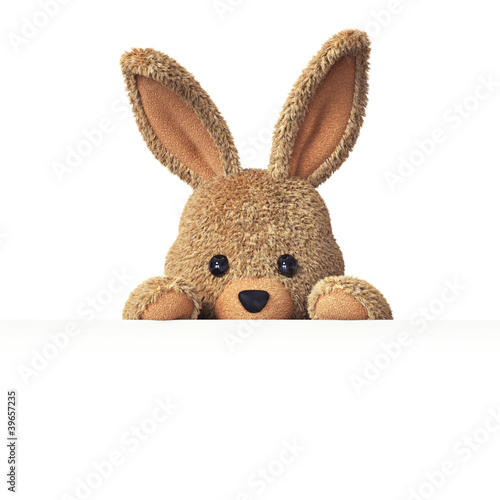 Stuffed bunny peeking behind blank board - horizontal