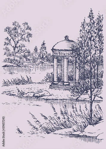 Vector landscape. Gazebo by the river