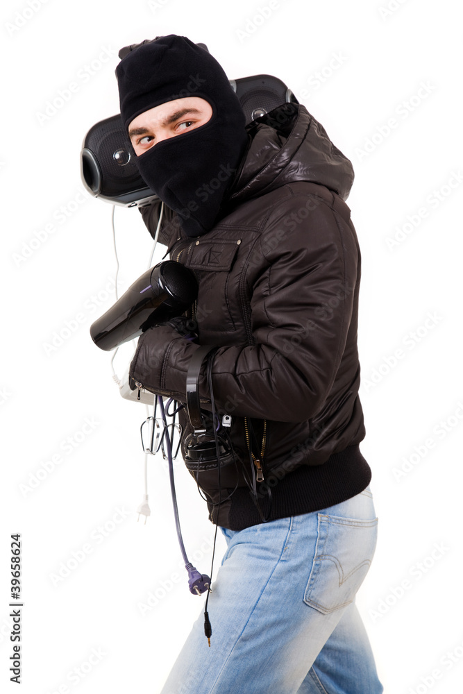 Thief with goods, isolated on white Thief with goods, isolated on white