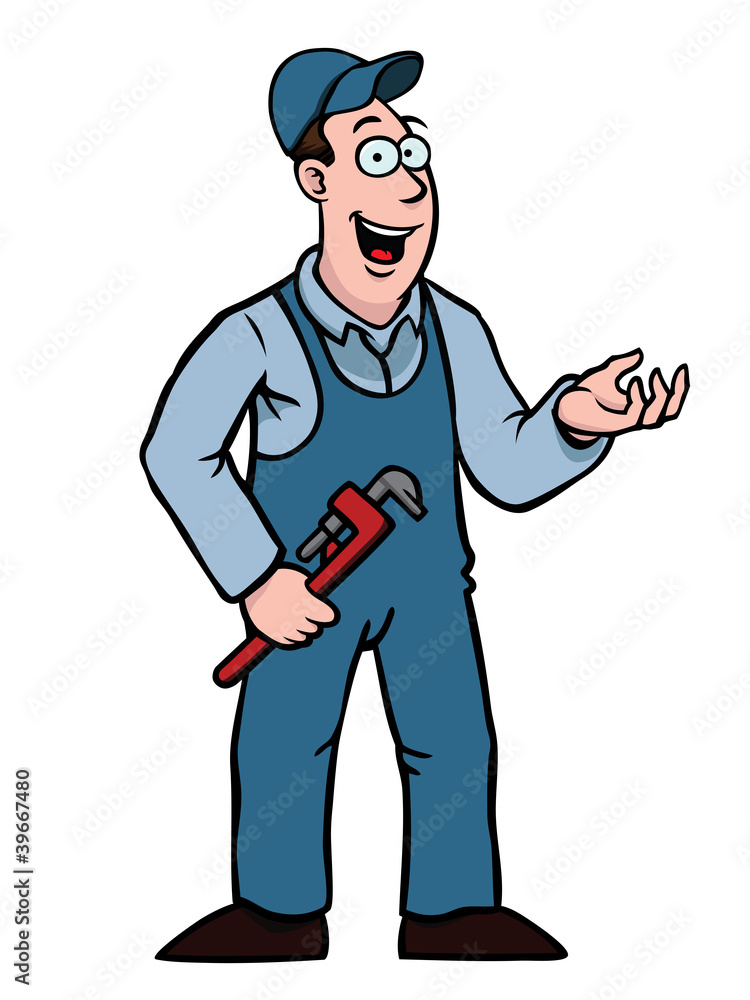 Plumber in overall with a wrench showing something Plumber in overall with a wrench showing something