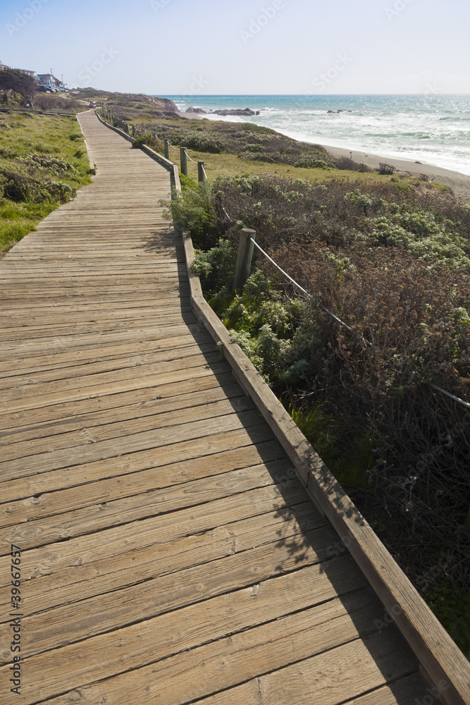 Obraz premium Wooden Walkway Along Ocean Coast
