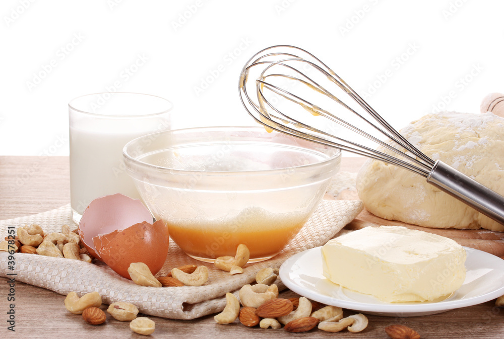 Ingredients for the dough wooden table Ingredients for the dough wooden table